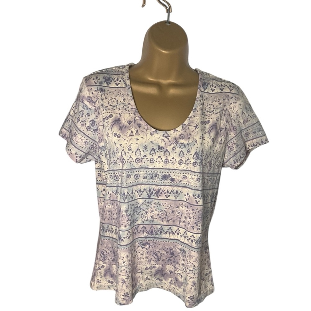 Vtg 90s-Y2K Gloria Vanderbilt Floral V-Neck Short Sleeve Tee Khaki Combo…